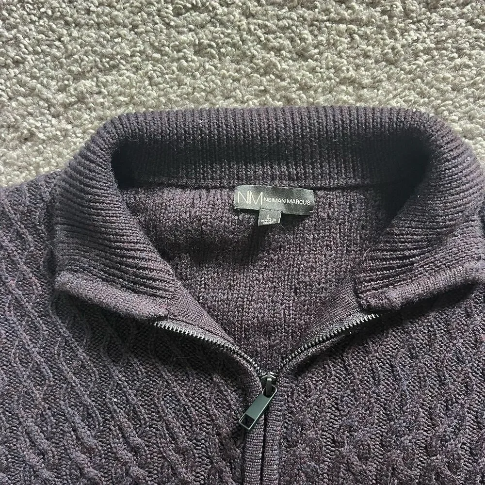 VTG Neiman Marcus Full Zip Sweater Wool Cable Knit Fisherman Chunky Black Large